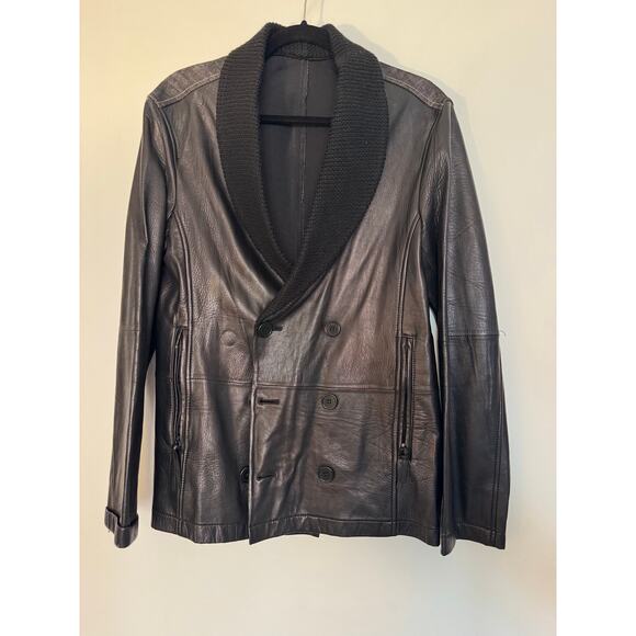 Emporio Armani Vintage Leather Double Breasted Jacket with Denim Back -Size 48 - Picture 1 of 6